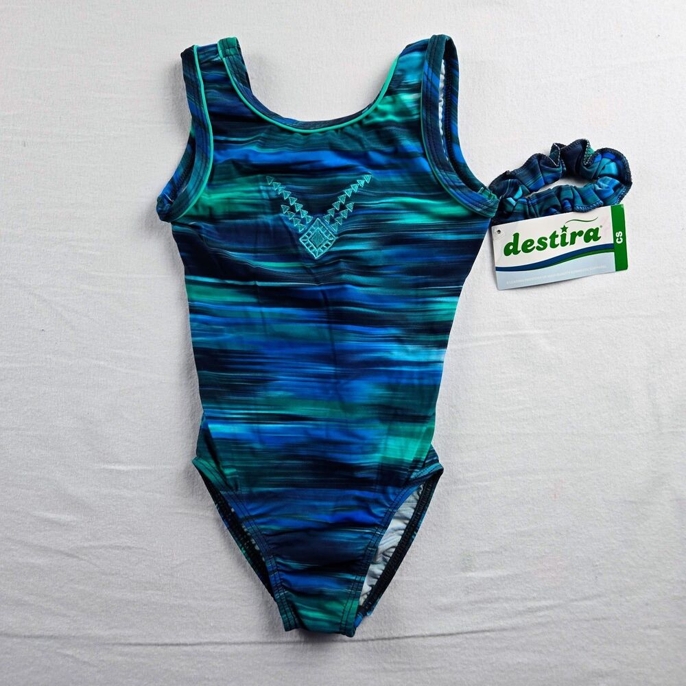 NWT Destira Child Small CS Blue Squeegee Tank Gymnastics Leotard Leo Scrunchie